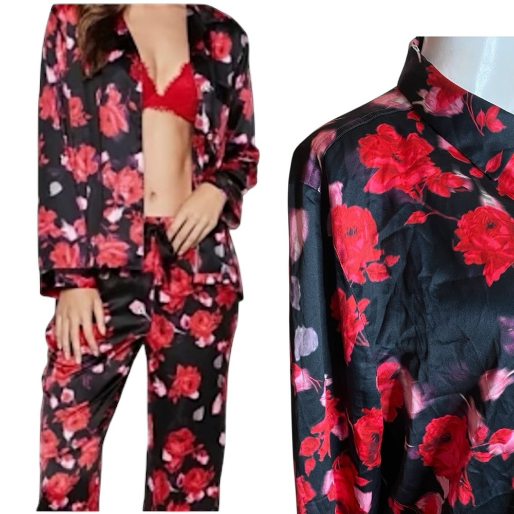 Victoria's Secret Black and Red Floral Pajama Set Size L